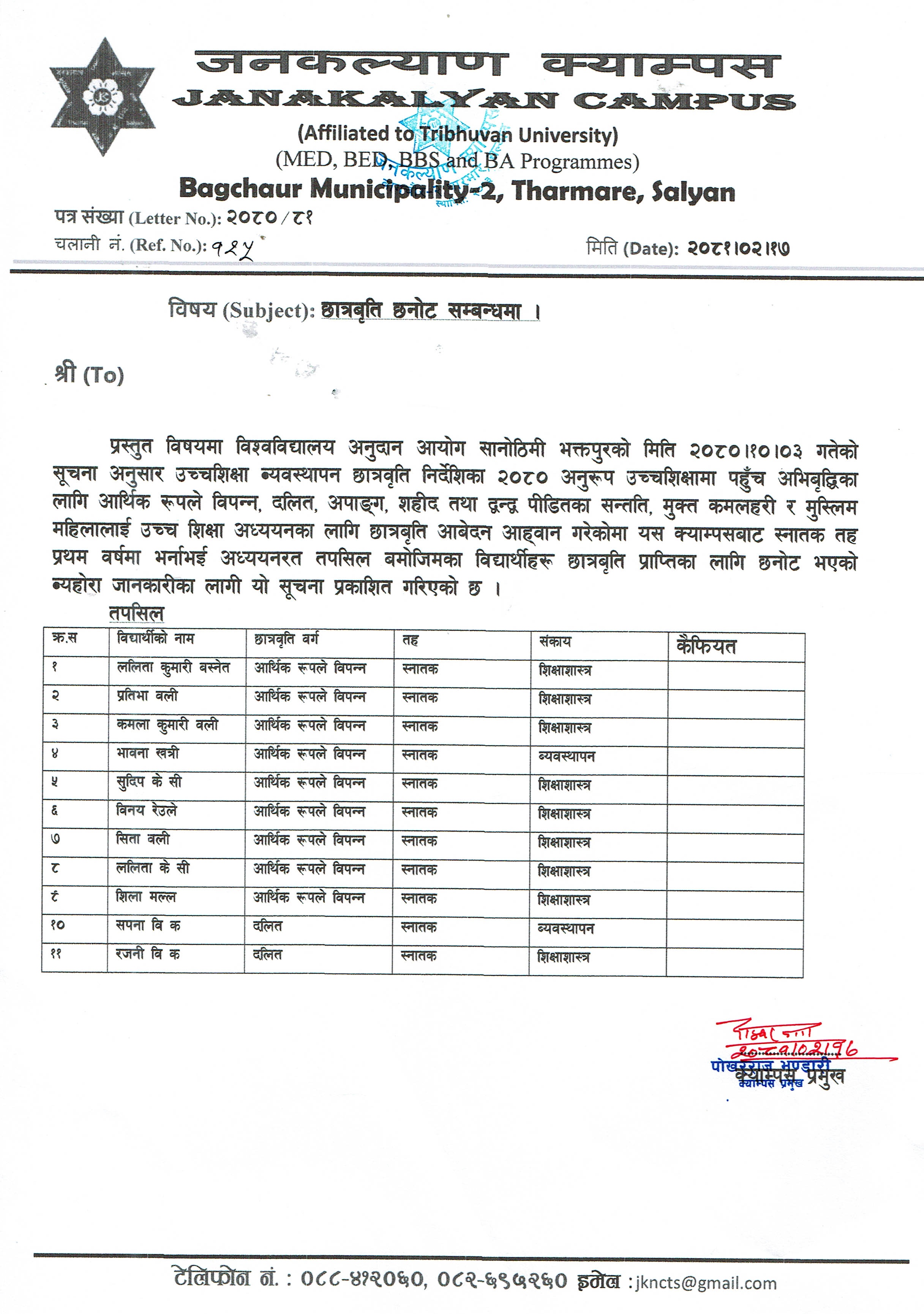 विश्वविद्यालय अनुदान आयोगबाट छात्रवृत्ति प्राप्त गरेका विद्यार्थीहरुको नामावली